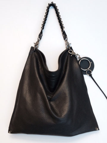 David Galan Black Leather Hobo Bag Large